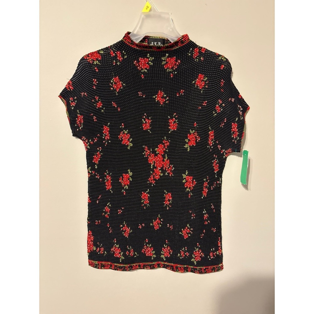 Vintage J.T.B. Black Red Floral Pleated Mock Neck Popcorn Blouse Medium Y2K